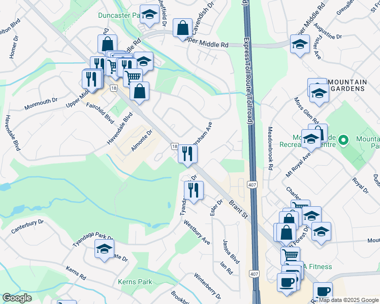 map of restaurants, bars, coffee shops, grocery stores, and more near 2002 Faversham Avenue in Burlington