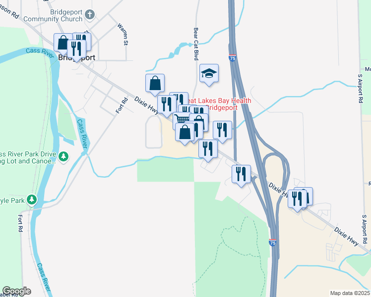 map of restaurants, bars, coffee shops, grocery stores, and more near 6334 Bridgeport Village Square Drive in Bridgeport charter Township