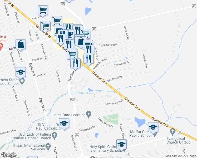 map of restaurants, bars, coffee shops, grocery stores, and more near 500 Waterloo Regional Road 8 in Cambridge