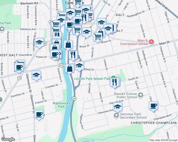 map of restaurants, bars, coffee shops, grocery stores, and more near 4 Albert Street in Cambridge