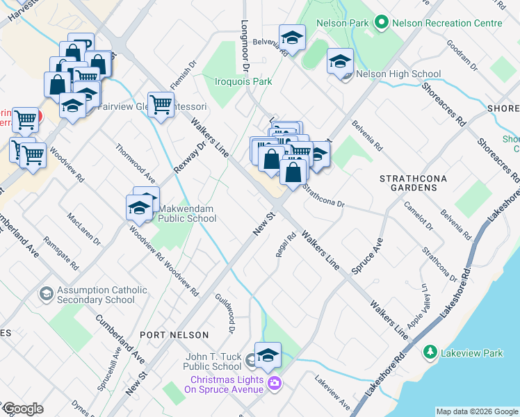 map of restaurants, bars, coffee shops, grocery stores, and more near 3535 New Street in Burlington