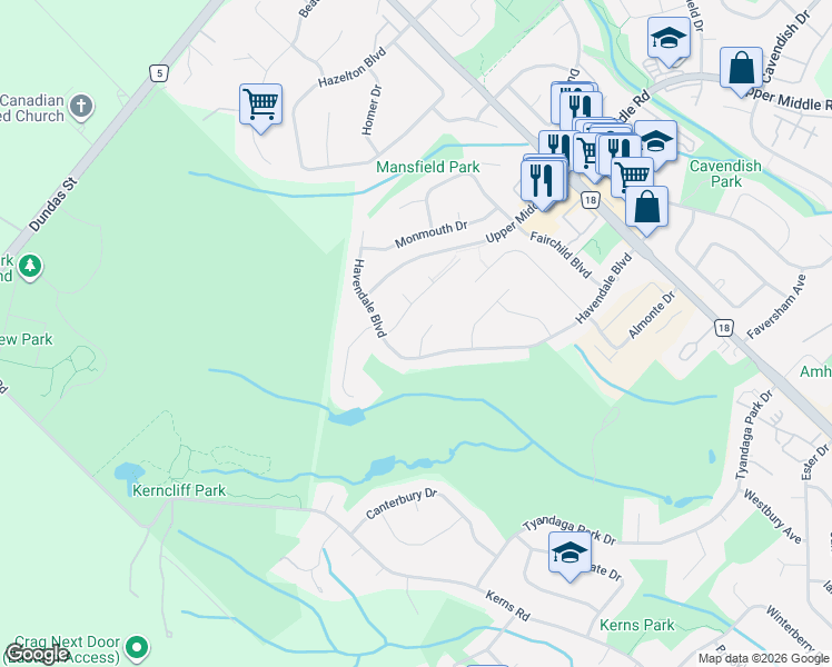 map of restaurants, bars, coffee shops, grocery stores, and more near 1269 Abbey Court in Burlington