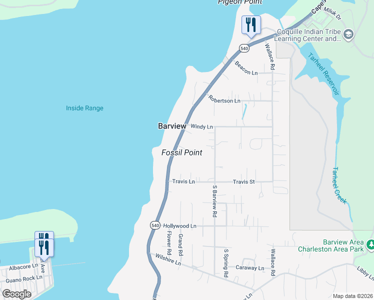 map of restaurants, bars, coffee shops, grocery stores, and more near 7293 Henderson Lane in Coos Bay