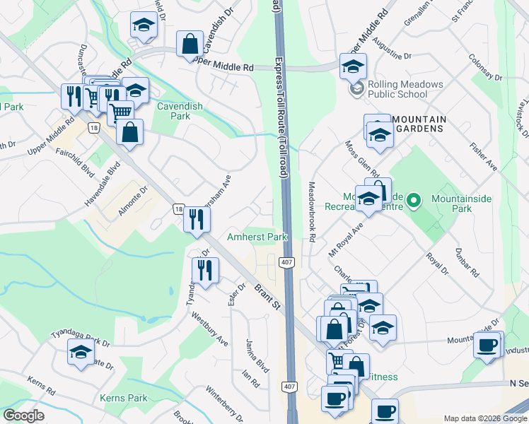 map of restaurants, bars, coffee shops, grocery stores, and more near 2065 Amherst Heights Court in Burlington