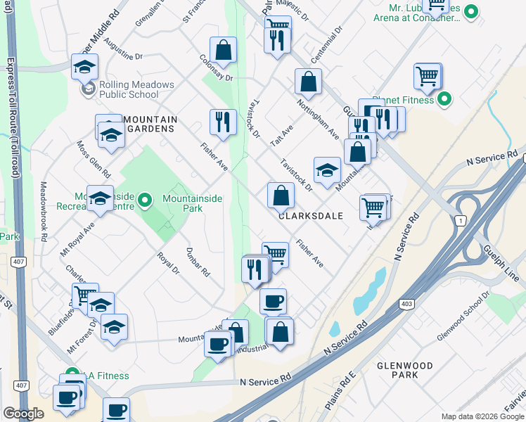 map of restaurants, bars, coffee shops, grocery stores, and more near 1236 Fisher Avenue in Burlington