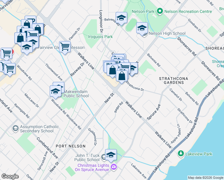 map of restaurants, bars, coffee shops, grocery stores, and more near 476 Walkers Line in Burlington