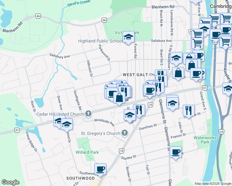 map of restaurants, bars, coffee shops, grocery stores, and more near 130 Cedar Street in Cambridge