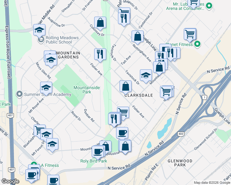 map of restaurants, bars, coffee shops, grocery stores, and more near 1236 Fisher Avenue in Burlington