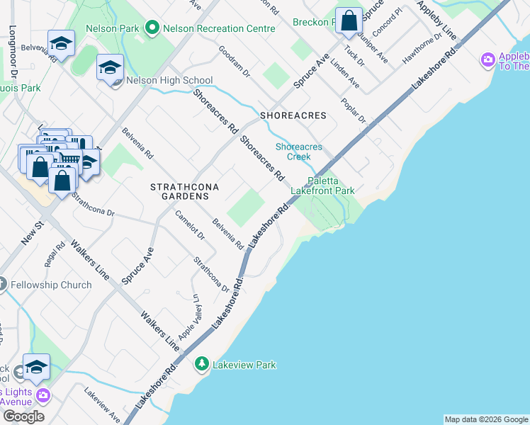 map of restaurants, bars, coffee shops, grocery stores, and more near 4199 Lakeshore Road in Burlington