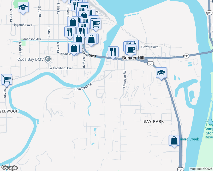 map of restaurants, bars, coffee shops, grocery stores, and more near 63643 Andrews Road in Coos Bay