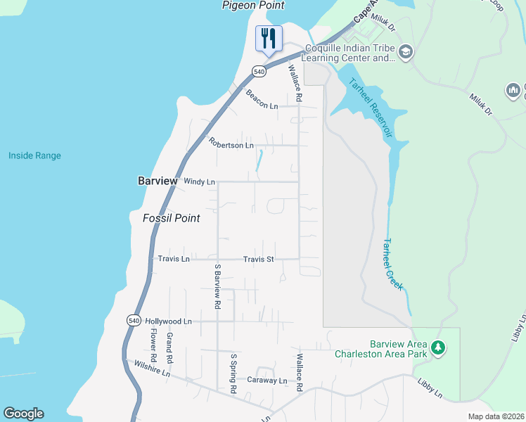 map of restaurants, bars, coffee shops, grocery stores, and more near 90931 Matthew Lane in Coos Bay