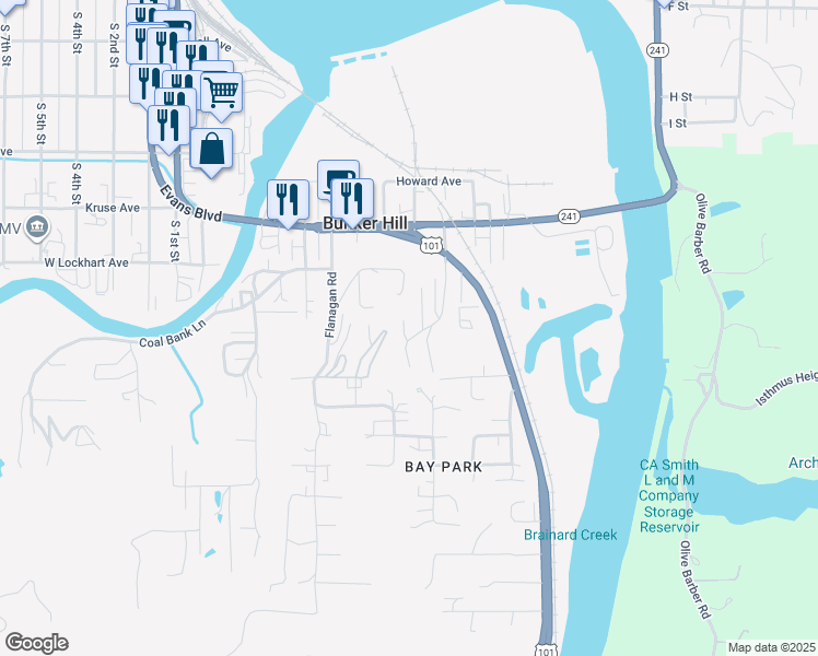 map of restaurants, bars, coffee shops, grocery stores, and more near 63643 Paramount Way in Coos Bay