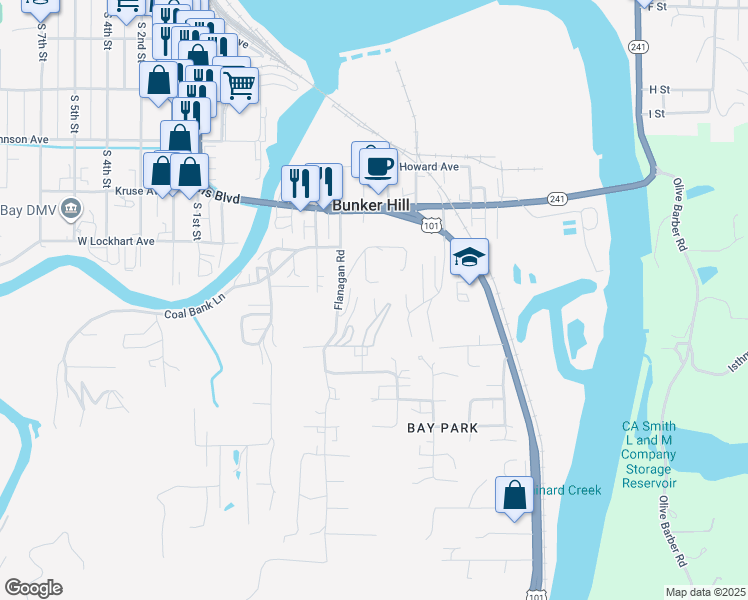 map of restaurants, bars, coffee shops, grocery stores, and more near 93742 Adams Lane in Coos Bay