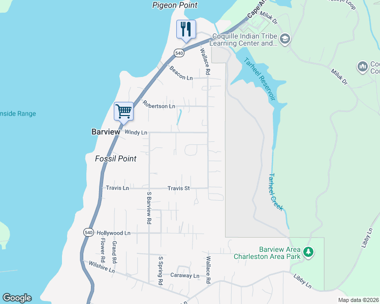 map of restaurants, bars, coffee shops, grocery stores, and more near 90931 Matthew Lane in Coos Bay