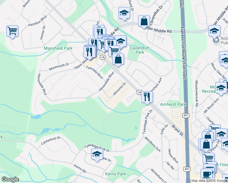 map of restaurants, bars, coffee shops, grocery stores, and more near 1401 Almonte Drive in Burlington