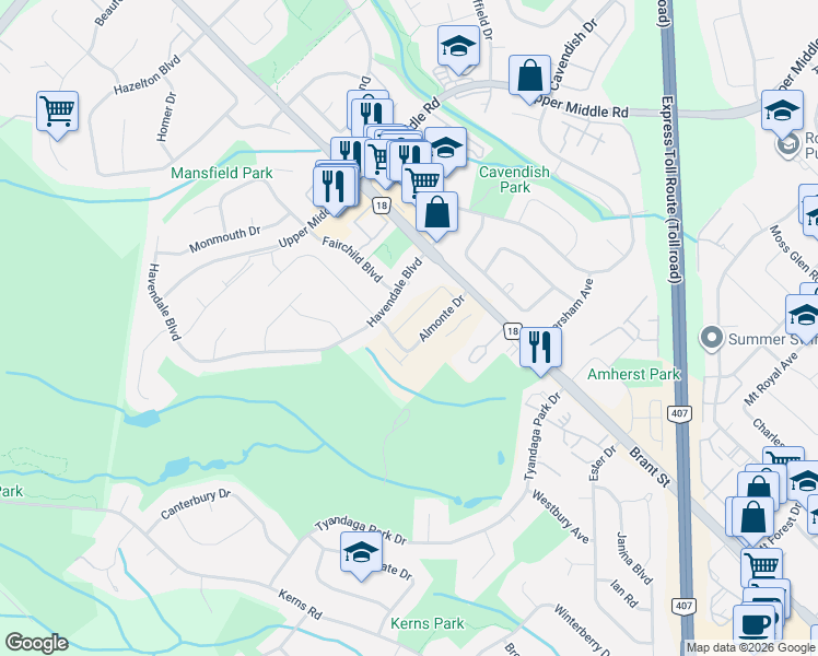 map of restaurants, bars, coffee shops, grocery stores, and more near 1388 National Common in Burlington