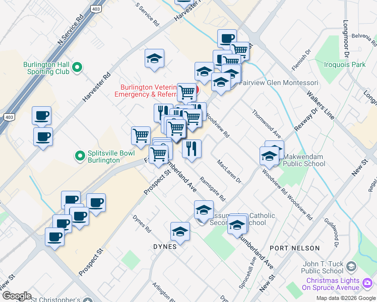 map of restaurants, bars, coffee shops, grocery stores, and more near 3455 Caplan Crescent in Burlington