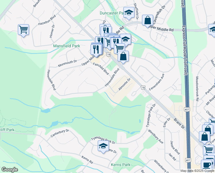 map of restaurants, bars, coffee shops, grocery stores, and more near 1076 Havendale Boulevard in Burlington