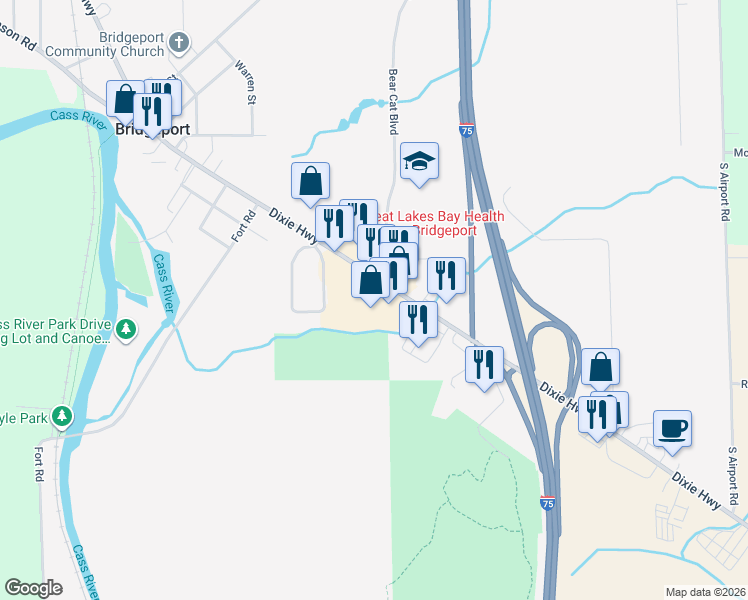 map of restaurants, bars, coffee shops, grocery stores, and more near 6370 Dixie Highway in Bridgeport charter Township
