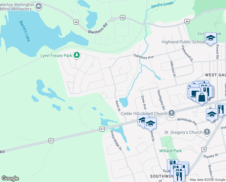 map of restaurants, bars, coffee shops, grocery stores, and more near 104 Kent Street in Cambridge