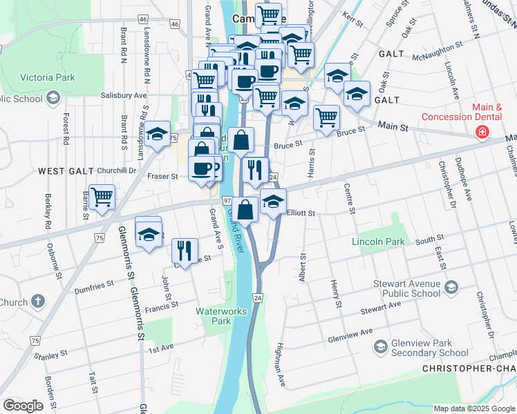 map of restaurants, bars, coffee shops, grocery stores, and more near 25 Concession Street in Cambridge