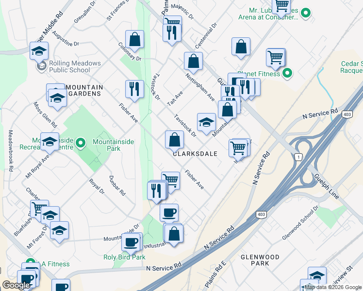 map of restaurants, bars, coffee shops, grocery stores, and more near 1212 Homewood Drive in Burlington