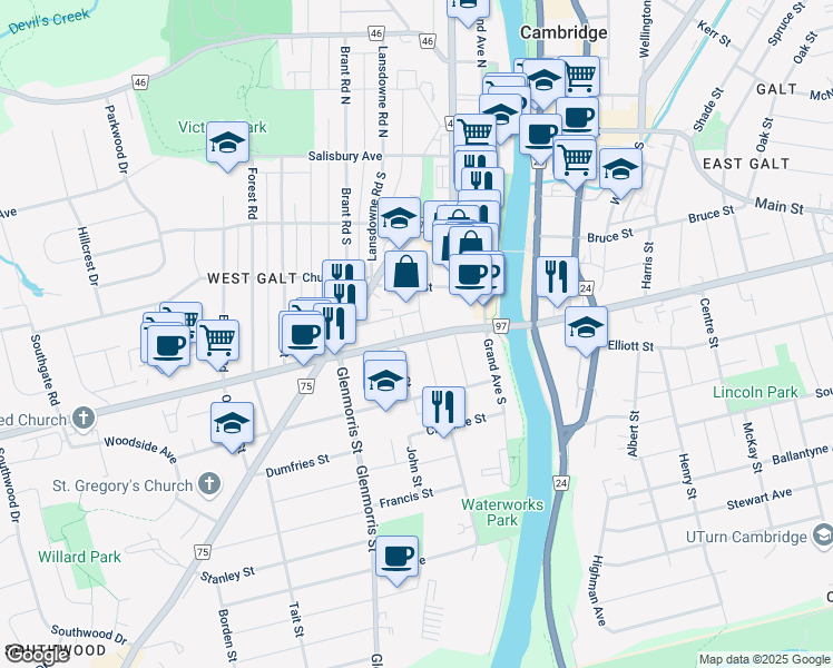 map of restaurants, bars, coffee shops, grocery stores, and more near 39 Cedar Street in Cambridge