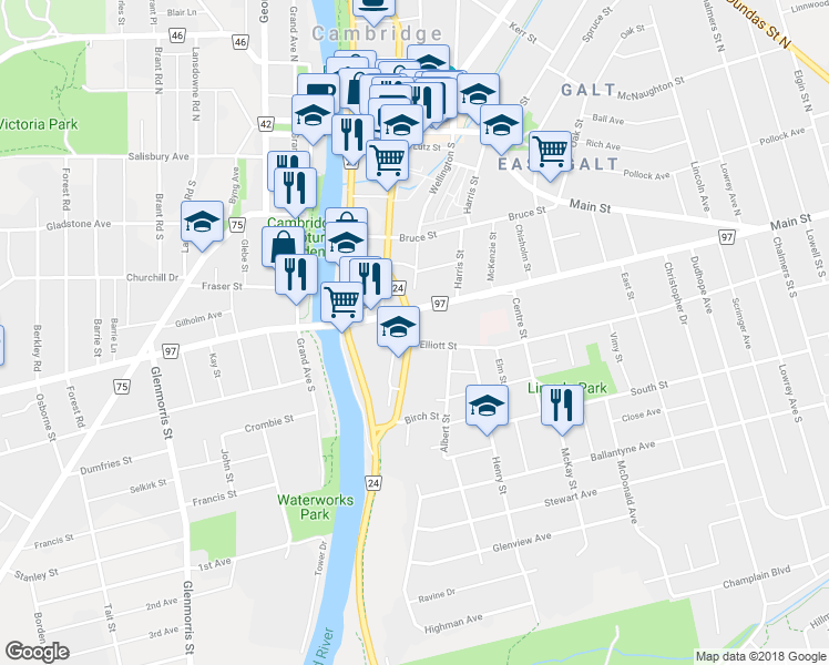 map of restaurants, bars, coffee shops, grocery stores, and more near 235 Ainslie Street South in Cambridge