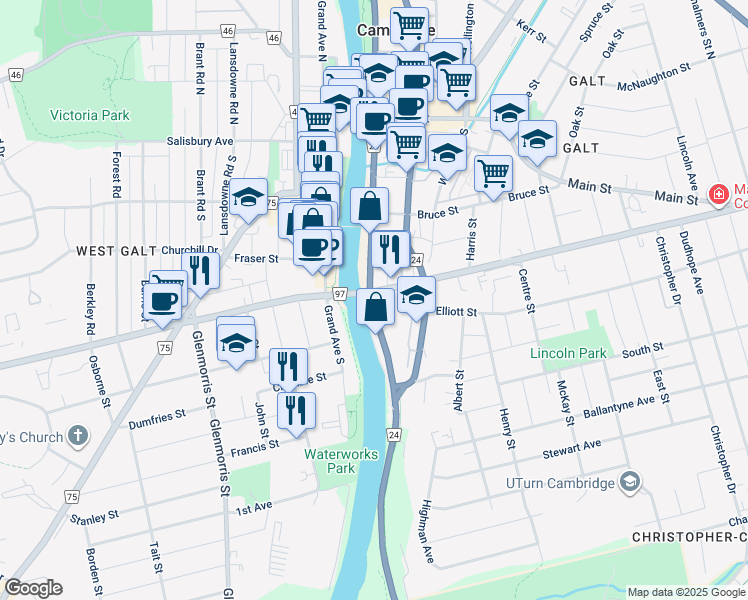 map of restaurants, bars, coffee shops, grocery stores, and more near 150 Water Street South in Cambridge