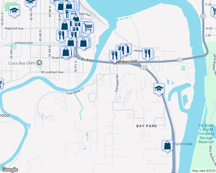 map of restaurants, bars, coffee shops, grocery stores, and more near 93560 McCullum Lane in Coos Bay