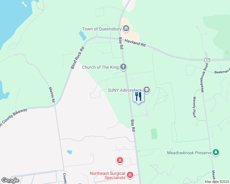 map of restaurants, bars, coffee shops, grocery stores, and more near 653 Bay Road in Queensbury