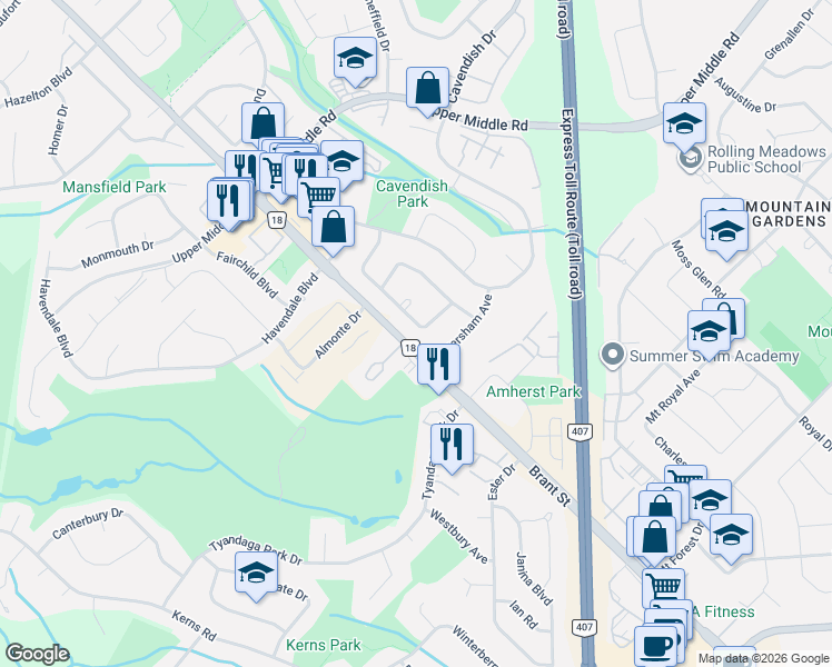 map of restaurants, bars, coffee shops, grocery stores, and more near 2108 Falmouth Terrace in Burlington