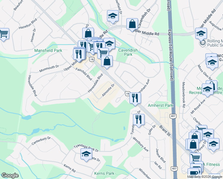 map of restaurants, bars, coffee shops, grocery stores, and more near 1428 Almonte Drive in Burlington