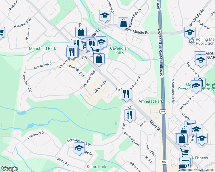 map of restaurants, bars, coffee shops, grocery stores, and more near 1426 Oakmont Common in Burlington