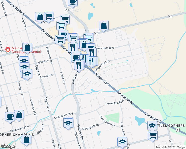 map of restaurants, bars, coffee shops, grocery stores, and more near 408 Dundas Street South in Cambridge