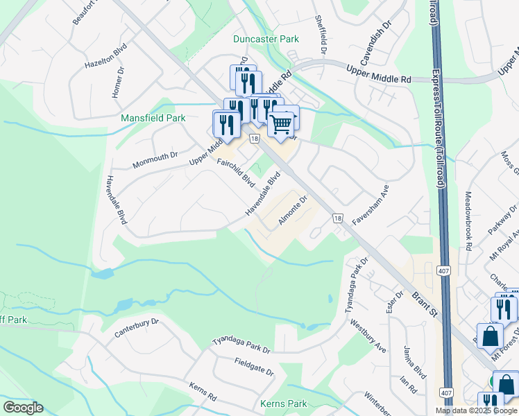 map of restaurants, bars, coffee shops, grocery stores, and more near 1076 Havendale Boulevard in Burlington