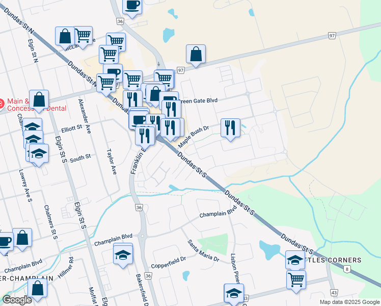 map of restaurants, bars, coffee shops, grocery stores, and more near 500 Waterloo Regional Road 8 in Cambridge