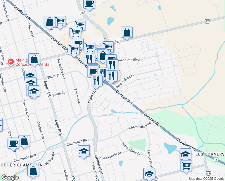 map of restaurants, bars, coffee shops, grocery stores, and more near 410 Dundas Street South in Cambridge