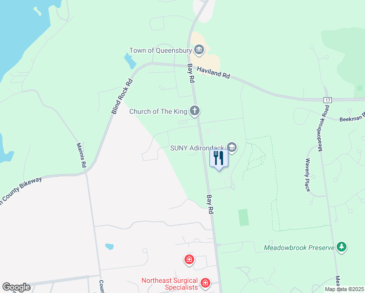 map of restaurants, bars, coffee shops, grocery stores, and more near 653 Bay Road in Queensbury