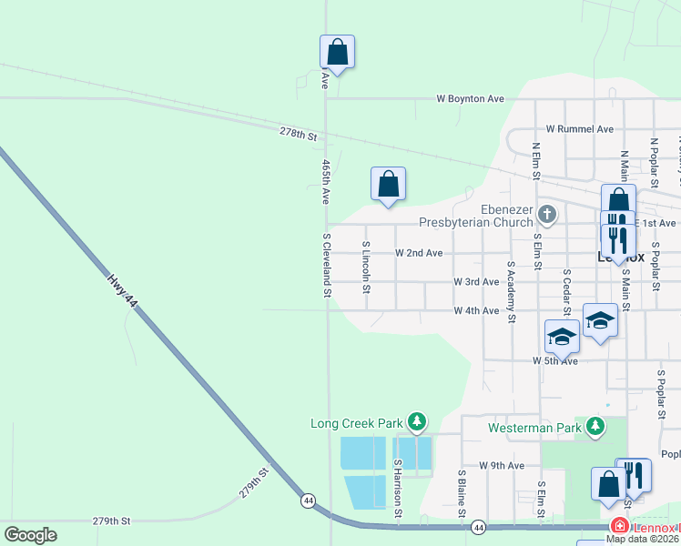 map of restaurants, bars, coffee shops, grocery stores, and more near 1001-1099 W 3rd Ave in Lennox