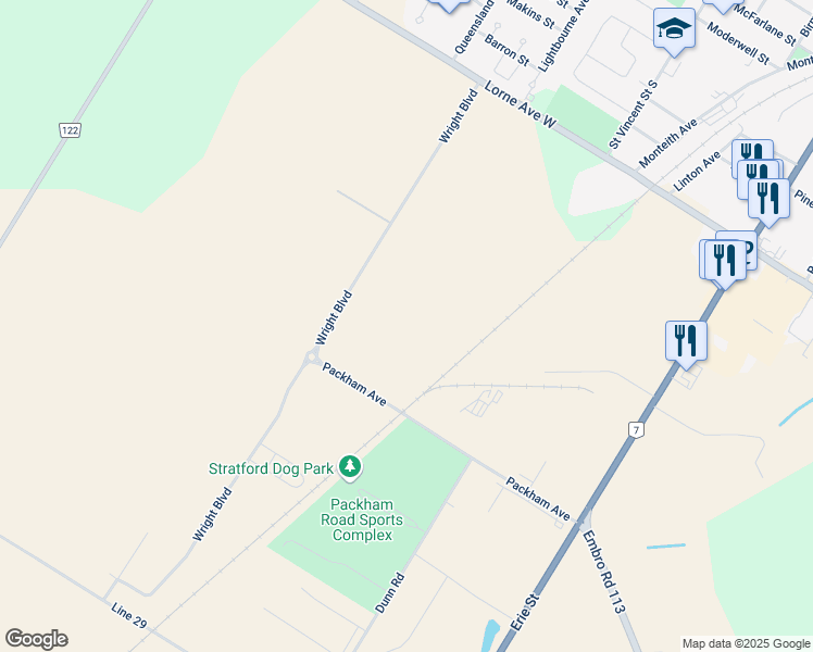 map of restaurants, bars, coffee shops, grocery stores, and more near 275 Wright Boulevard in Stratford