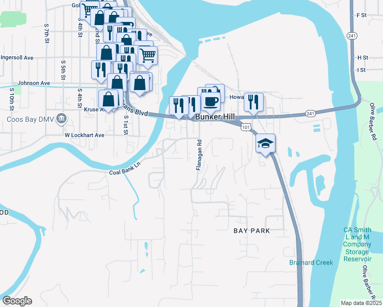 map of restaurants, bars, coffee shops, grocery stores, and more near 93560 McCullum Lane in Coos Bay