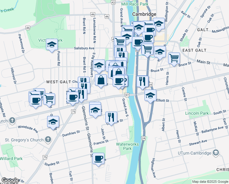 map of restaurants, bars, coffee shops, grocery stores, and more near in Cambridge