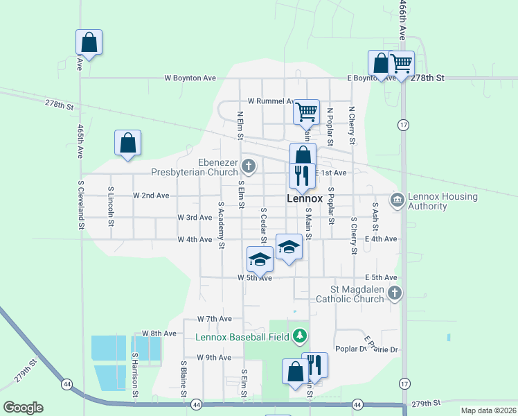 map of restaurants, bars, coffee shops, grocery stores, and more near 321 West 3rd Avenue in Lennox