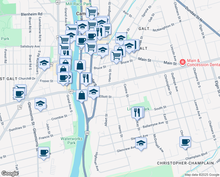 map of restaurants, bars, coffee shops, grocery stores, and more near 59 Concession Street in Cambridge
