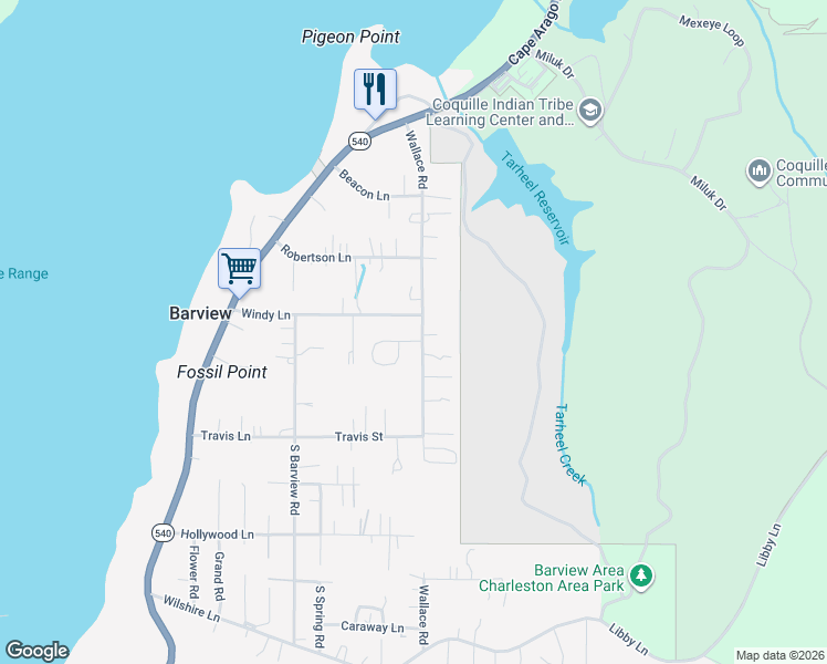 map of restaurants, bars, coffee shops, grocery stores, and more near 63750 Wallace Road in Coos Bay