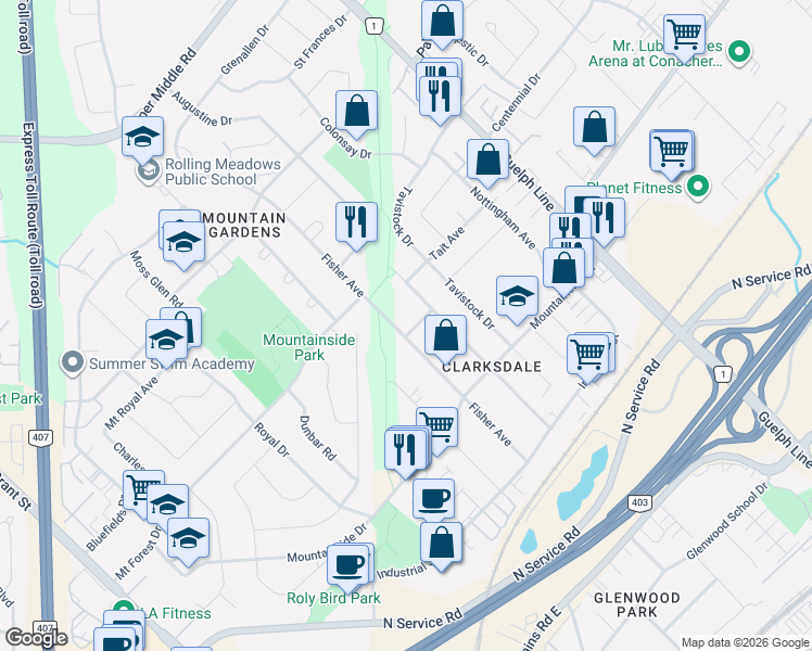 map of restaurants, bars, coffee shops, grocery stores, and more near 1262 Homewood Drive in Burlington