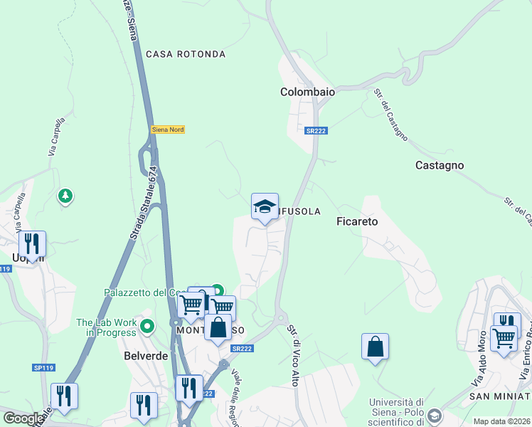 map of restaurants, bars, coffee shops, grocery stores, and more near 25 Via della Rinfusola in Monteriggioni