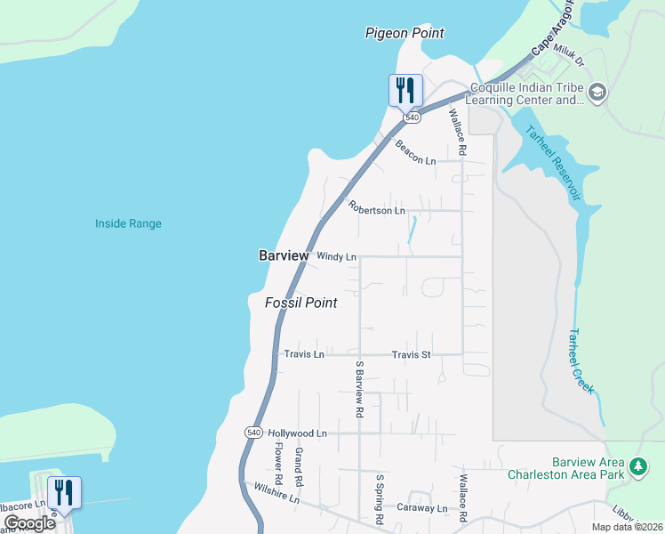 map of restaurants, bars, coffee shops, grocery stores, and more near 90803 Windy Lane in Coos Bay