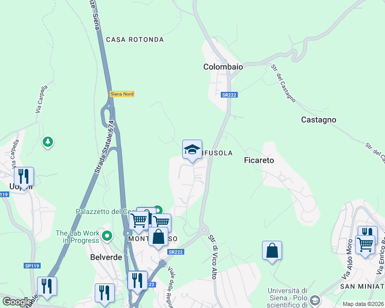 map of restaurants, bars, coffee shops, grocery stores, and more near 25 Via della Rinfusola in Monteriggioni